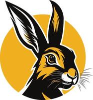 A bold and dynamic illustration of a rabbit's head, set against a bright yellow circular background vector