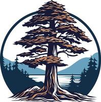A stylized illustration of a majestic pine tree against a backdrop of mountains and a lake vector