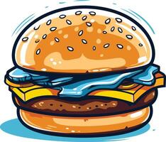 A cartoon style burger with a juicy patty, melted cheese, and lettuce, perfect for adding a touch of fun to your restaurant menu, food blog, or social media post vector