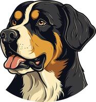 A detailed, illustrated portrait of a bernese mountain dog, showcasing its distinctive tri colored fur and friendly expression vector