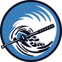 A stylized, abstract logo featuring a wave breaking over a spear or staff, symbolizing strength and power vector