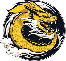 A fierce and powerful golden dragon in a circular design, perfect for use as a logo, tattoo, or graphic design element vector