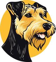 A friendly, cartoon style illustration of a wirehaired fox terrier dog with a bright yellow background vector