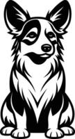 Black and white illustration of a cute, sitting corgi with a happy expression vector