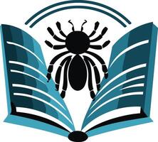 A stylized spider crawls above an open book, suggesting a concept of knowledge, mystery, or perhaps even danger lurking within the pages vector