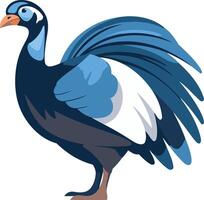 A vibrant and colorful illustration of a blue and white guinea fowl with its tail feathers spread out in a fan like shape vector