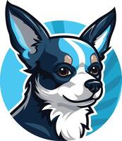 A cute and friendly cartoon chihuahua with blue and white markings in a circular logo design vector