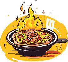 A vibrant illustration of a sizzling pizza in a pan with flames erupting around it vector