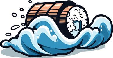 A cartoon sushi roll, seemingly riding a wave, with a fun, playful style vector