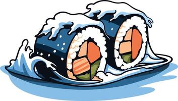 Two cartoon sushi rolls, partially submerged in a wave, with a playful and modern design vector