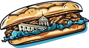 A humorous illustration of a sandwich with a house inside, as if the building is sinking into the sea of lettuce and meat vector