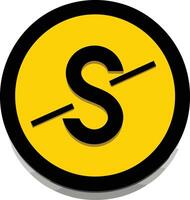 A bold black s with a diagonal line through it, set on a bright yellow circle with a black border vector