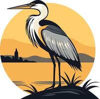 A stylized illustration of a heron standing in a tranquil sunset scene, perfect for nature themed designs and branding vector