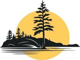 Silhouette of a tall pine tree on a small island with a large sun behind it vector