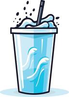 A cartoon illustration of a blue drink with a straw and splashing waves, perfect for summer promotions, thirst quenching advertisements, and refreshing content vector