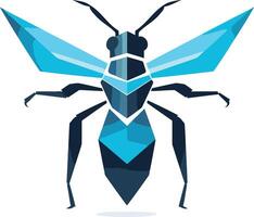 A bold, geometric design featuring a stylized blue and black bee vector