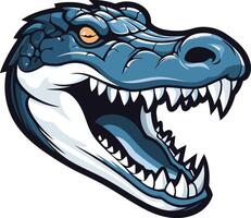 Aggressive, cartoon style alligator head with sharp teeth and a menacing expression, perfect for sports team logos, brand mascots, and more vector