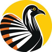 A bold, graphic illustration of a bird with a large fan like tail, set against a yellow sun vector
