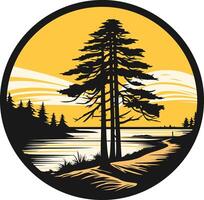 A minimalist silhouette of a tall pine tree and a winding path leading to a lake, set against a sunset backdrop vector