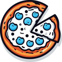 A cartoon illustration of a delicious looking blueberry pizza with one slice removed, perfect for menus, social media, or any project related to food and fun vector