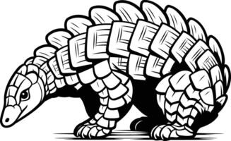 Black and white illustration of a pangolin, a unique and endangered mammal with protective scales vector