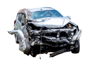 Front and side view of bronz car get hard damaged by accident on the road. chapped cars after collision. isolated on transparent background, broken car, File png