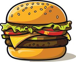 A delicious, cartoon style hamburger with all the toppings lettuce, tomato, cheese, and a sesame seed bun vector