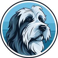 A charming, stylized illustration of a bearded collie with a friendly expression, set against a blue circular background vector