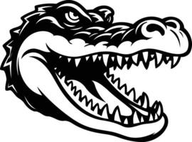 A fierce and menacing alligator head, rendered in black and white with sharp details, perfect for logo design, branding, and sports team mascots vector