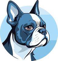 A close up illustration of a french bulldog, showcasing its distinctive features with a blue and white color scheme vector