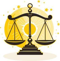 Symbolic illustration of justice with scales balanced against a sunburst background vector