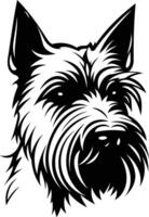 A striking black and white illustration of a scottish terrier's head, capturing the breed's iconic features in a bold, minimalist style vector