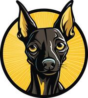 A bold, stylized illustration of a black miniature pinscher dog with a playful expression vector
