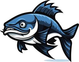 A cartoon illustration of a blue fish, with a fierce expression, leaping out of the water vector