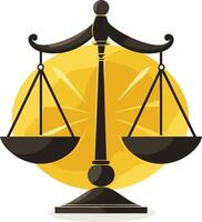 A flat, stylized illustration of a scales of justice, with a yellow sunburst background vector