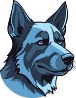 A striking, style illustration of a german shepherd's head, rendered in a bold, blue color scheme vector