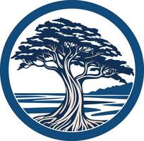 A stylized illustration of a lone tree standing strong against the ocean waves, symbolizing resilience and growth vector