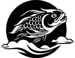 A powerful black and white illustration of a koi fish leaping through the air, surrounded by stylized clouds vector