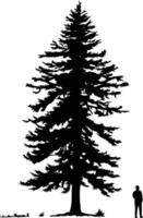 Silhouette of a large pine tree with a human figure standing beside it, perfect for illustrating scale or for design projects featuring nature vector