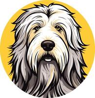 A friendly, cartoon style illustration of a bearded collie dog's head, with a yellow background vector