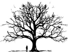 A stark silhouette of a lone tree with a single figure standing beneath its branches vector