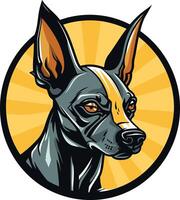 A fierce and determined looking xoloitzcuintli dog with a black and tan coat, set against a sunburst background vector