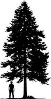 Black and white silhouette of a tall pine tree with a lone person standing before it vector