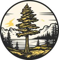 Tall Pine Tree by a Lake with Mountain View vector