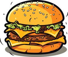 A cartoon style double cheeseburger with lettuce and sesame seeds on a white background vector