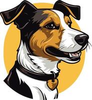 A friendly cartoon jack russell terrier with black and brown markings, wearing a collar with a heart charm, looking directly at the viewer vector