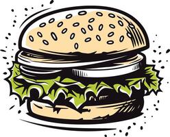 A hand drawn illustration of a classic hamburger with sesame seed bun, lettuce, onion, and a beef patty vector