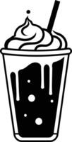 A simple, black and white illustration of a milkshake with whipped cream and a straw vector
