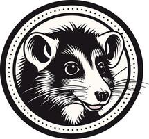 A classic black and white illustration of a raccoon's face, framed in a circular design with a dotted border vector