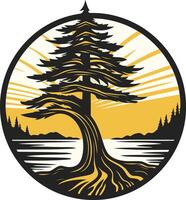 A striking, circular logo design featuring a silhouette of a majestic pine tree against a sunrise backdrop vector